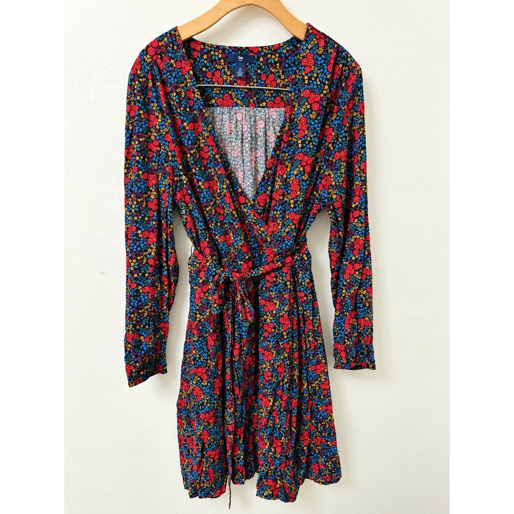 Gap Womens Floral Wrap Dress Long Sleeve V-Neck Mini Tie Waist Black Multi Large